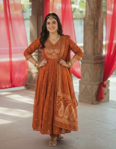 Image of GoSriKi Rust Anarkali Kurta Set for Women with Dupatta | Cotton Kurti Set for Woman | Embroidered Anarkali Suit for Women Kurti Pant Set with Dupatta | Suit Set for Women Latest