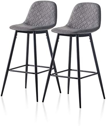 TUKAILAi 2PCS Barstools Grey Faux Leather Breakfast Kitchen Counter Bar Chairs Metal Leg in Black High Stools Kitchen Chairs Counter Bar Stools