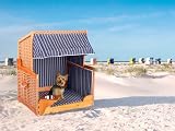 Woodtex Hundestrandkorb Kieferholz |Hundehütte inkl. Schützhülle schwenkbarer Wasser-/Futternapf|Sonnenschutz Hunde und Katzen|Rattan Braun mit Dunkelblau-weißen Nadelstreifen