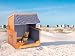 Woodtex Hundestrandkorb Kieferholz |Hundehütte inkl. Schützhülle schwenkbarer Wasser-/Futternapf|Sonnenschutz Hunde und Katzen|Rattan Braun mit Dunkelblau-weißen Nadelstreifen