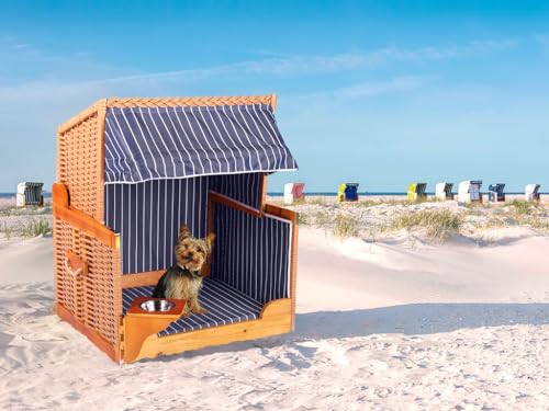 Woodtex Hundestrandkorb Kieferholz |Hundehütte inkl. Schützhülle schwenkbarer Wasser-/Futternapf|Sonnenschutz Hunde und Katzen|Rattan Braun mit Dunkelblau-weißen Nadelstreifen