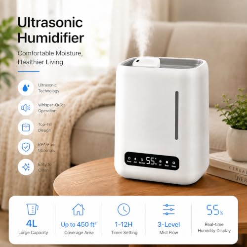 Image of BREEZOME Smart Ultrasonic Humidifier and Aroma Difuser, 4L Cool Mist Top Filling Humidifiers for Home & Bedroom, 360 Nozzle Auto Shut-Off with Timer,LED Display, Remote Control (White, 4 liter)