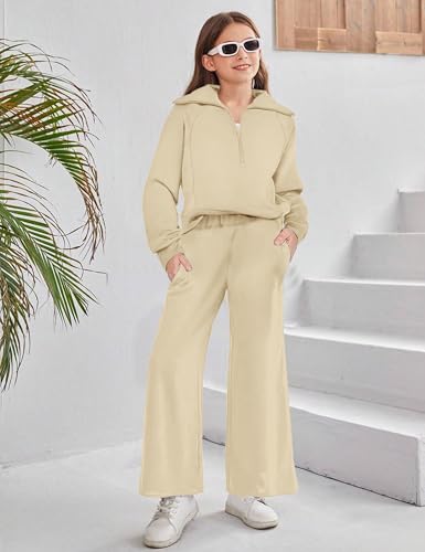Image of BAVADER Girls Clothes 7-14Y Solid Color Half Zip Pullover Sweatshirt Fleece Lined Kids Sweatpants