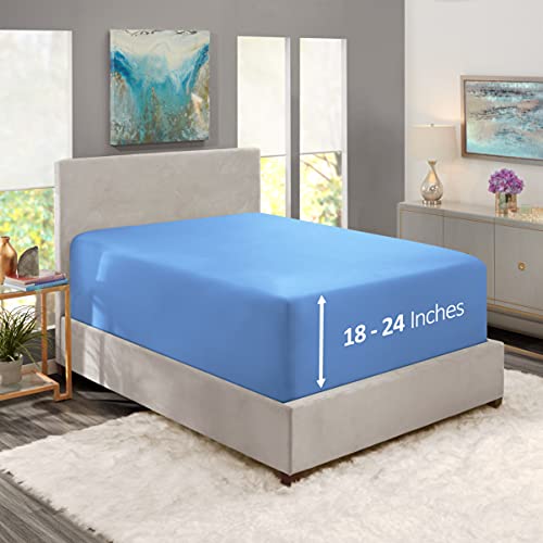 Image of Hearth & Harbor Extra Deep Pocket King Fitted Sheet - Fits 18 to 24 Inch Mattress - Ultra Soft 1800 Microfiber, Wrinkle-Free & Breathable - Hotel Luxury Fitted Sheet Only, Calm Blue
