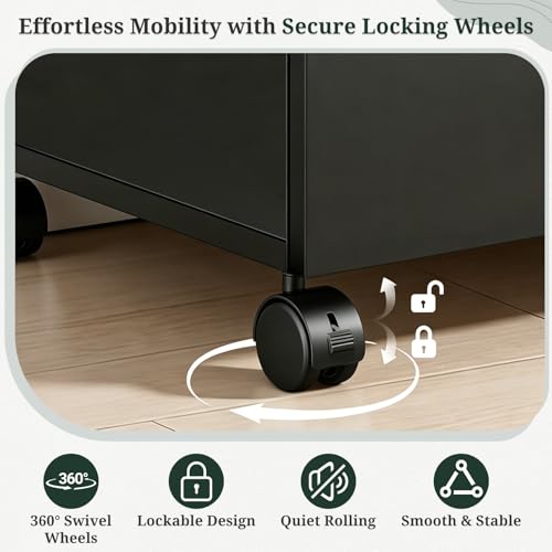 SageNest 2 Drawer File Cabinet with Lockable Wheels, Rolling Filing Cabinet for Home Office, Wooden Mobile File Cabinet with Printer Stand, Under Desk Storage Organizer, Black by SageNest - Image 4