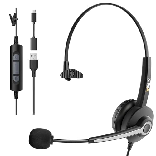 Wantek Casque USB Mono avec Microphone Antibruit,Casque Filaire avec Adaptateur USB-C,Contrôle du Volume pour PC,Ordinateur Portable,Centre d’Appels,Bureau,VoIP et Skype
