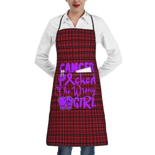 nopicsn Cancer Picked The Wrong Girl Pancreatic Cancer Apron for cooking with Pockets Women Men Kitchen Chef Funny Aprons