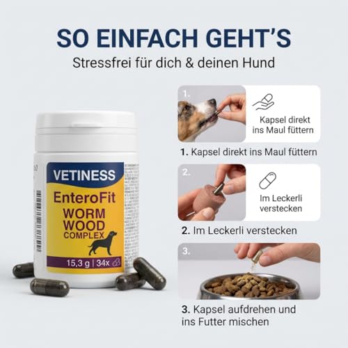 Vetiness EnteroFit Wurmkraut Complex für Hunde - Wurmmittel sekundierend - 34 Kapsel Wormwood - Ergänzungsfuttermittel für EIN wurmfeindlichen Darmmilieus - sekundiert die Wurmkur Hund Tabletten