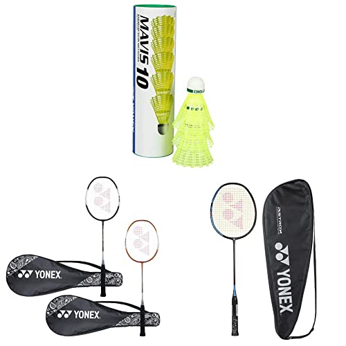 Image of Yonex Mavis 10 Nylon Shuttlecock, Yellow & Graphite Badminton Racquet (Smash Black Ice Blue) & ZR 100 Light Aluminium Blend Badminton Racquet with Full Cover, Set of 2 (Black /Orange)