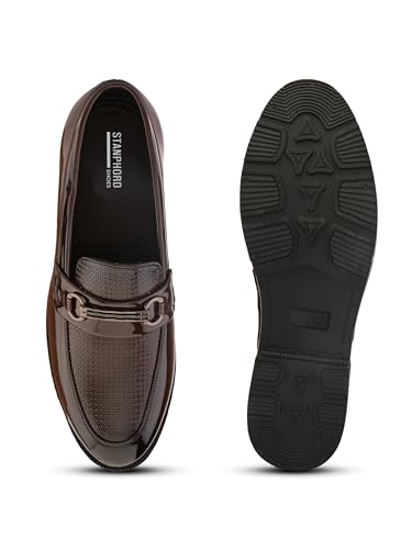 Image of STANPHORD Men Glossy Horsebit Loafer Shoes | Shiny PU Slip-On Moccasins | Cushioned Anti-Slip | Office Formal Party Business Wear(TPSL 25013)