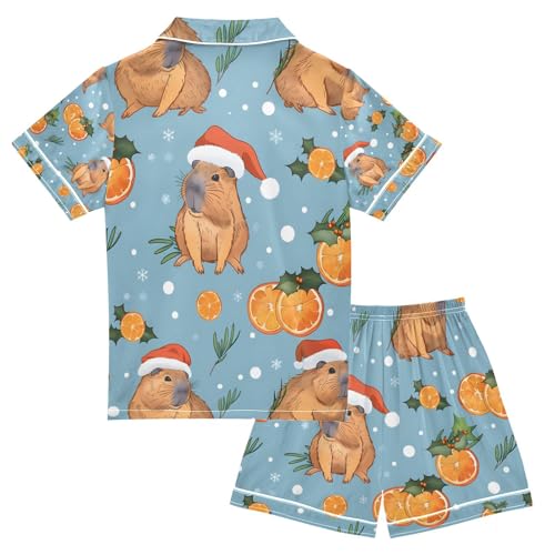 senya Capybaras with Juicy Oranges Satin Summer Pajama Sets Silk Short Sleeve Button Down Sleepwear2