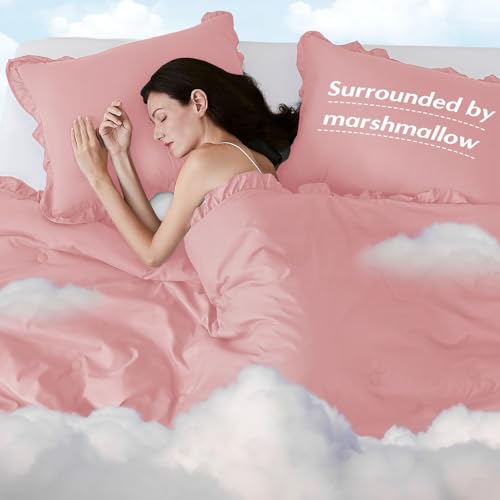 Image of HARBOREST Queen Comforter Set - Pink Ruffle Comforter for Queen Size Bed, Fluffy Comforter Set, 3 Pieces Shabby Chic Bedding with 1 Comforter & 2 Pillow Shams