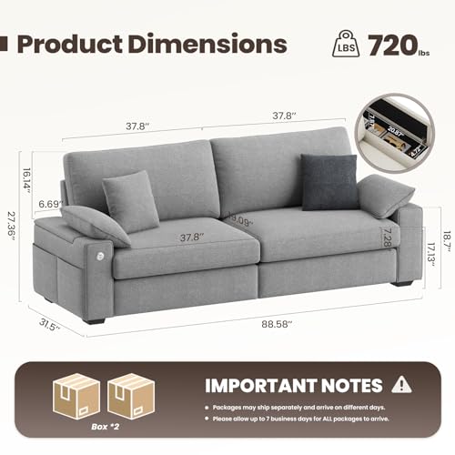 Image of MALOL 89 inch Loveseat Couch, 3 Seater Upholstered Mid-Century Mondern Love Seat with USB Type C Ports, 4 Pillows and Storage Armrest Cloud Foam Sofa for Living Room /Small Spaces, Grey