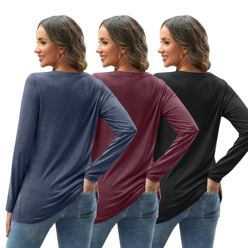 SUNBS 3 Pack Womens Long Sleeve Shirts V Neck Tops Loose Fit Causal Fall Fashion Outfits Trendy Clothes Winter 20254