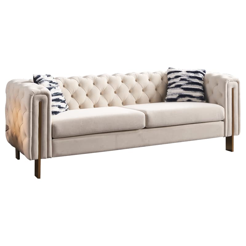 Image of KEIKI 84 inch Chesterfield Velvet Tufted Button Sofa with Removable Cushions and 2 Toss Pillows, Modern 3-Seater Couch with 4 Gold Metal Leg, Easy Assembly, for Living Room, Bedroom, Apartment, Cream