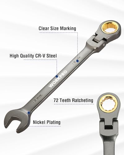 Image of WORKPRO 19 mm Flex-Head Ratcheting Combination Wrench, Nickel Plating | Cr-V Constructed, 72-Teeth, 12 Point Design, Metric, For Home Improvement, Auto Repairs, Plumbing, Constructions, Machinery