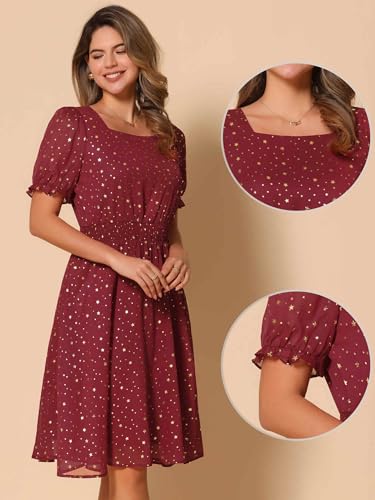 Image of Allegra K Party Midi Dress for Women Ruffle Short Sleeve Elastic Waist A-Line Metallic Star Dresses