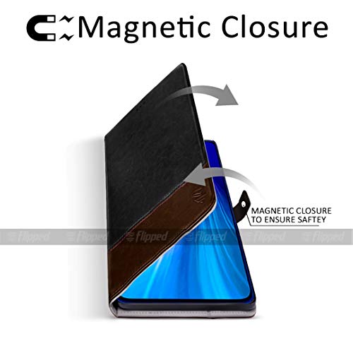 Image of FLIPPED Vegan Leather Flip Case Back Cover for iQOO 9 SE 5G (Flexible, Shock Proof | Hand Stitched Leather Finish | Card Pockets Wallet & Stand | Black with Brown)