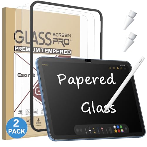 Esanik Pack of 2 Paper-Effect Glass Screen Protectors for iPad 10th Generation (10.9, 2022) 9H Glass Protection Like the Paper Matte Tempered Glass Screen Protector Anti-Glare