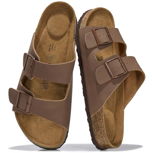 Project Cloud Mens Sandals 100% Genuine Leather - Memory Foam Insole & Cork Footbed Slides for Men Footwear - Non-Slip Summer Sandals for Men & Lightweight Mens Slides (Heritage BROWNDUS-9.5D)