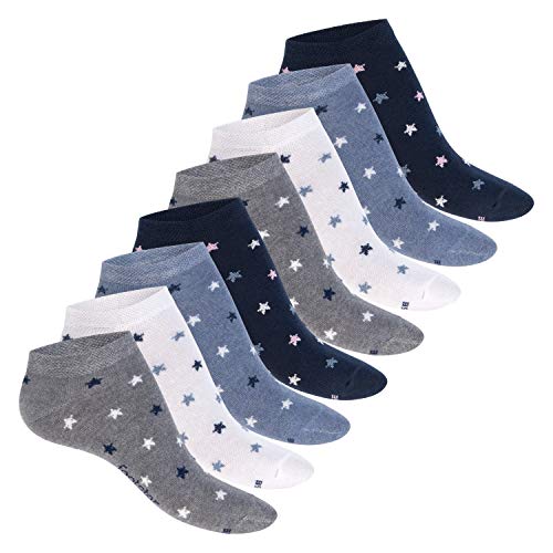 Footstar 8 PARES calcetines sneaker con motivos - calcetines cortos dulces y coloridos con patrones de estrellas, rayas y lunares, vaquero, 35-38