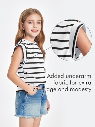 Image of Haloumoning Girls Cap Sleeve T Shirts Summer Striped Tank Tops Tees 4-14 Years