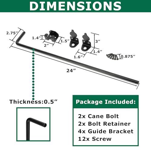 Image of 24 inch Heavy Duty Cane Bolt, Double Gate Latch with Black Finish, 2 Way Gate Drop Rod for Wood PVC Vinyl Metal Fences Gates Double Doors-2 Pack