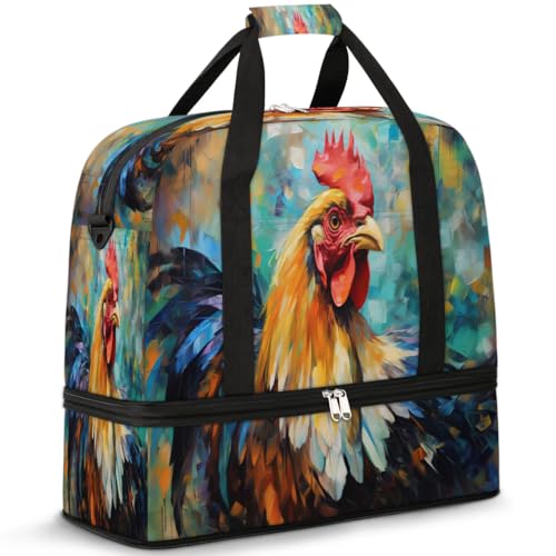 Travel Duffel Bags Colorful Watercolor Rooster Foldable Weekender Bags for Women with Shoes Compartment Waterproof & Tear Resistant Carry on Overnight Luggage Duffel Bag Shoulder Sports Tote Bag,B-39