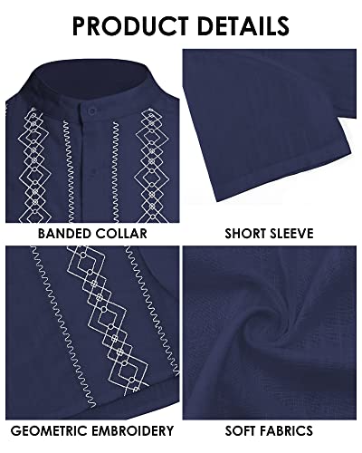 Cuban Guayabera Shirts For Men Short Sleeve Casual Button Down Shirt Band Collar Beach Camp Mexican Shirt Navy Blue #TOP4