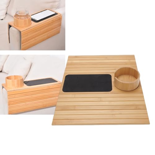 Mesa portátil de bambú para sofá, bandeja con reposabrazos y base antideslizante 3