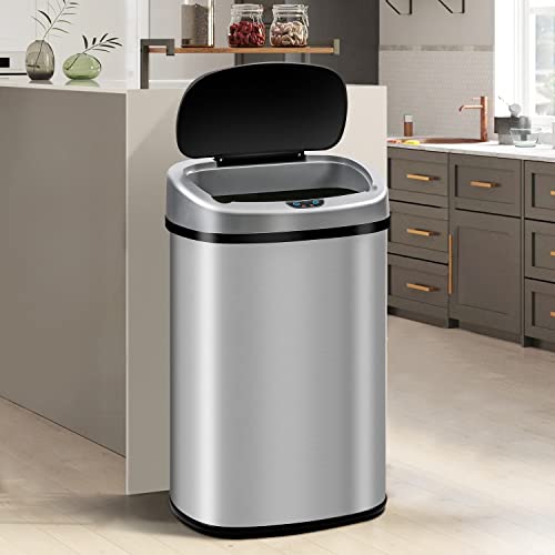 13 Gallon Stainless Steel Touchless Trash Can, Automatic Sensor Garbage Trash Bin for Kitchen Bathroom Bedroom with Lid, Oval Shape Office Waste Bin, Brushed - Powered by Batteries (not Included)