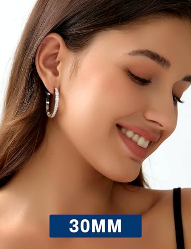 RINEY&KY Moissanite Hoop Earrings for Women 30/50MM Large White Gold Plated Diamond Hoop Earrings Silver S925 Lightweight Inside Out VVS D Certified Moissanite Hoops 1.34/3.86carats4