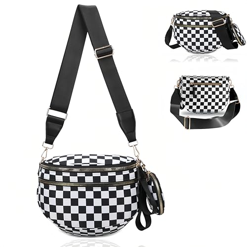 Image of Checkered Crossbody Bum Bags for Women, Nylon Sling Bags with Shoulder Strap, Large Capacity Checkered Purse Bag
