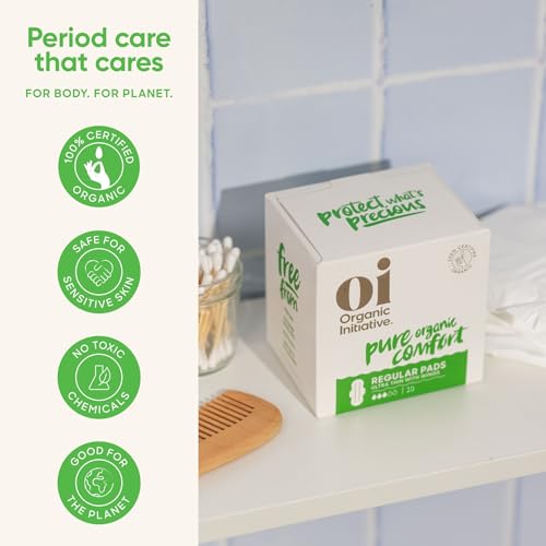 Image of Oi | Organic Initiative - Ultra-Thin Pads with Wings | 100% Certified Organic Cotton, Unscented | Leak Free, Biodegradable | Non-GMO, Toxin Free (Regular, 54, Count)