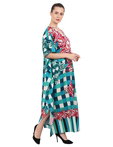 Image of Miss Lavish London Teal Check Print Kaftan Dress for Women V Neck Batwing Sleeve Maxi Beach Cover Up, Plus Size Caftan with Side Slits&Pockets, Resort Wear Swimsuit Coverup, Summer Cruise-Teal-2XL