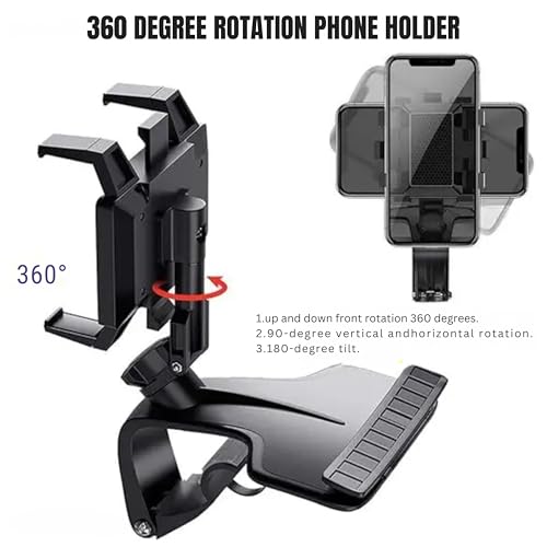 Image of DH1 Dashboard Phone Mount, Multifunctional Mobile Holder for Car, 360-Degree Rotating Rearview Mirror Holder, Adjustable Spring Clip, Suitable for 4-6.5 Inch Smartphones, Strong Hold- BLACK