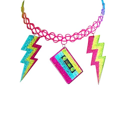 Hupplle 80s Neon Acrylic Jewelry Set Necklace and Earrings for Women 80s 90s Themed Party Accessories With Lightning Bolt Cassette Tape Pendant Retro Costume Jewelry