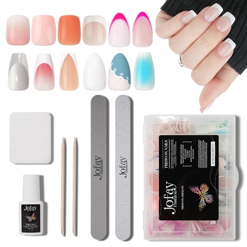Image of 12 Packs (288 Pcs) Press on Nails Set Short Medium, Jofay Fashion Gel x Nail Kit Almond Coffin Fake Nails with Design Square Solid Color Glue on Nails Set with Nail Glue Large Nail File and Buffer