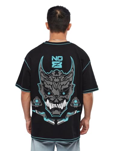 Image of crazymonk Men's Cotton Printed Kaiju No.8 Oversized Black T-Shirt