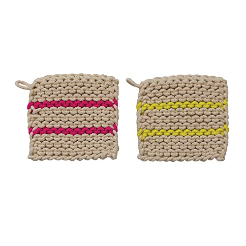 Creative Co-Op Square Cotton Crocheted Neon Stripes, Set Of 2 Styles, Multicolor Pot Holder, Multi #TOP9