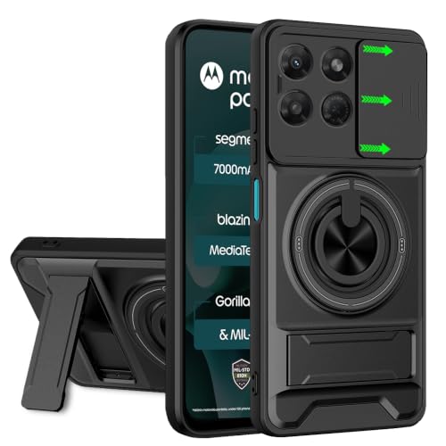 Image of AESTMO Motorola Moto G37 Power 5G Back Cover | Armor Camera Slider 360 Degree Rotating Finger Ring Holder Case with Bracket Stand Back Case Cover (Compatible with MagSafe Accessories) Black