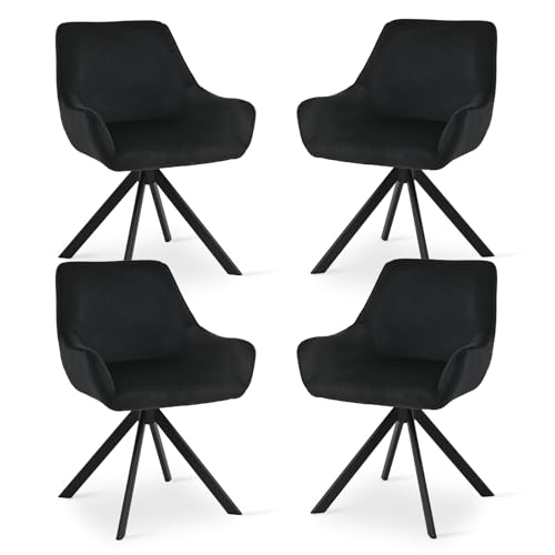 Goeurvant Velvet Dining Chairs Set of 4 with Armrests,360° Swivel Upholstered Chairs,Modern Rotary Chair,Kitchen Chair with Metal Frame and Backrest for Dining Room,Living Room,Bedroom,Office, Black