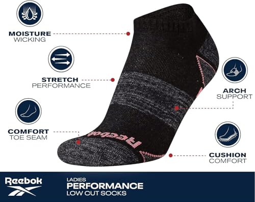 Image of Reebok Womens No Show Socks Moisture Wicking Cushioned Low Cut Socks 6 Pack | Stretch Performance Fabric, Cushioned Heel and Toe, Arch Support, Comfort Seam, Shoe Size 4-10