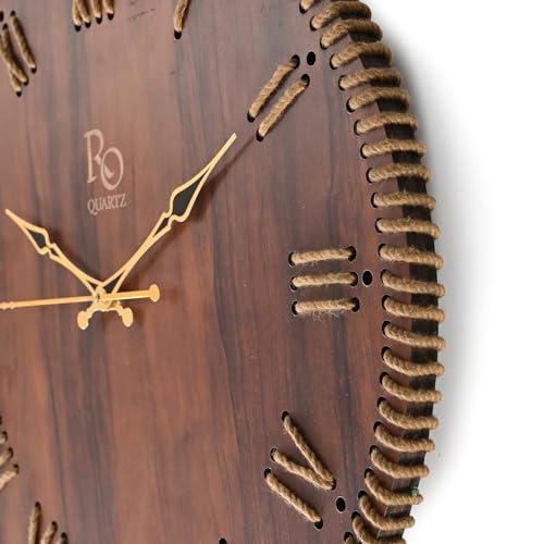 Image of Wooden Round Shape Roman Dial Wall Clock with Brown Jute Detailing & Golden Hands | Silent Quartz Movement, Anti-Glare Finish Analog Vintage Clock for Home & Office (Brown, 15.5 Inch)