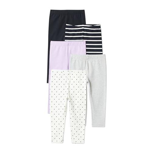 Amazon Essentials Girls Cotton Stretch Leggings Pack of 5 Black/Lavender/Dot 2T
