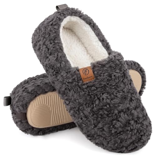 EverFoams Women’s Soft Curly Full Slippers Memory Foam Lightweight House Shoes Cozy Loafer with Polar Fleece Lining Dark Grey,8.5 US