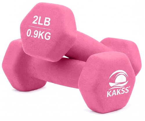 Image of KAKSS Neoprene Dumbbell Set of 2 (2 lb / 0.9 Kg Each), Pink Hex Dumbbells with Cast Iron Core and Non-Slip Coated Grip, Hand Weights for Home Workout Equipment and Gym Dumbbell for Women and Men