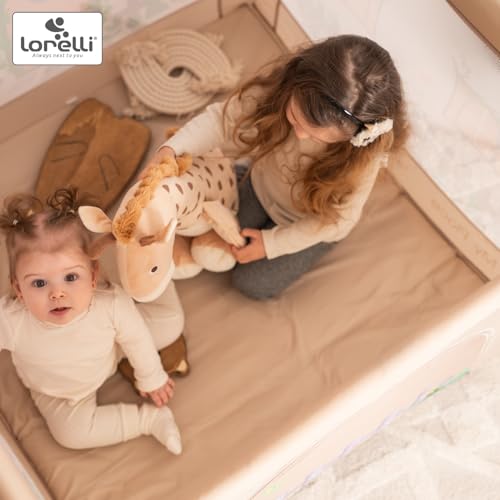 Lorelli Baby Laufstall My Place mit Dach, kleiner Laufgitter 100x100 cm, Absperrgitter mit atmungsaktivem Netz, Schutzgitter mit Reißverschlusstür, faltbarer Krabbelgitter, Beige