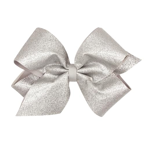 Wee Ones Girls' Glitter Vinyl Hair Bow with Grosgrain Underlay and Plain Wrap Center on WeeStay No-Slip Hair Clip, King, Silver