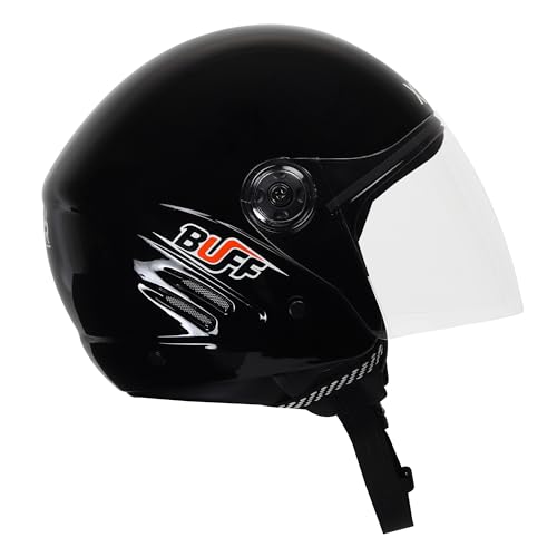 Image of Buff Open Face Motorcycle Helmet Medium | ISI Certified Unisex Helmet | Lightweight ABS Shell with Clear Visor & Quick Release Strap for Bike & Scooter Riders (Matte Black)